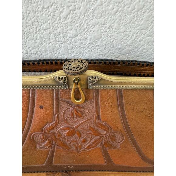 Antique Vintage Hand Tooled Brown Leather Purse Suede Lining Hand Strap - Picture 2 of 8